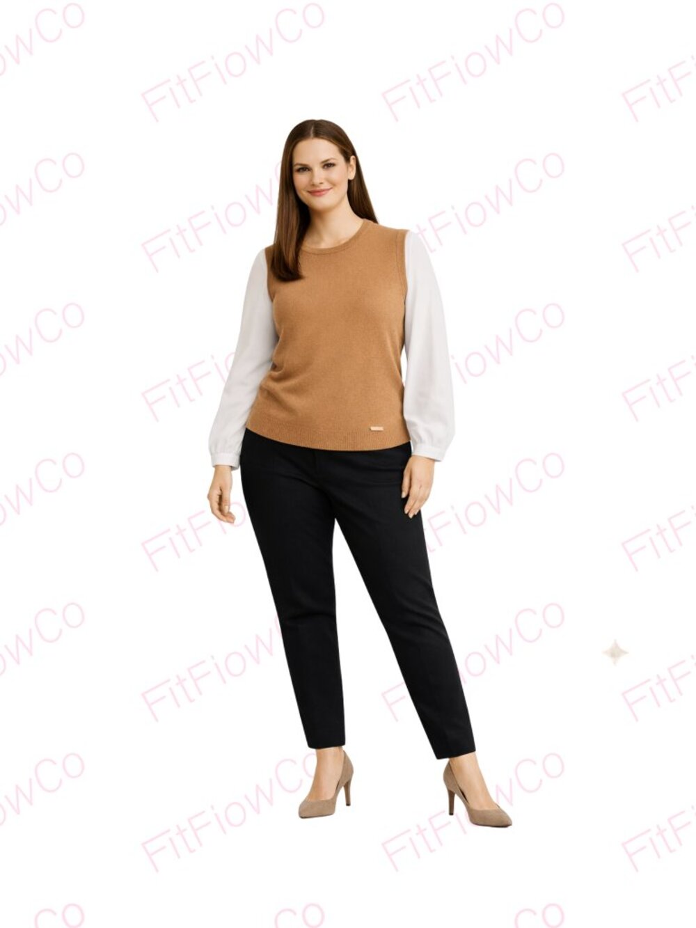 Anne Klein XL Camel Tan 2Fer Knit Vest Top w/ Poplin Sleeves